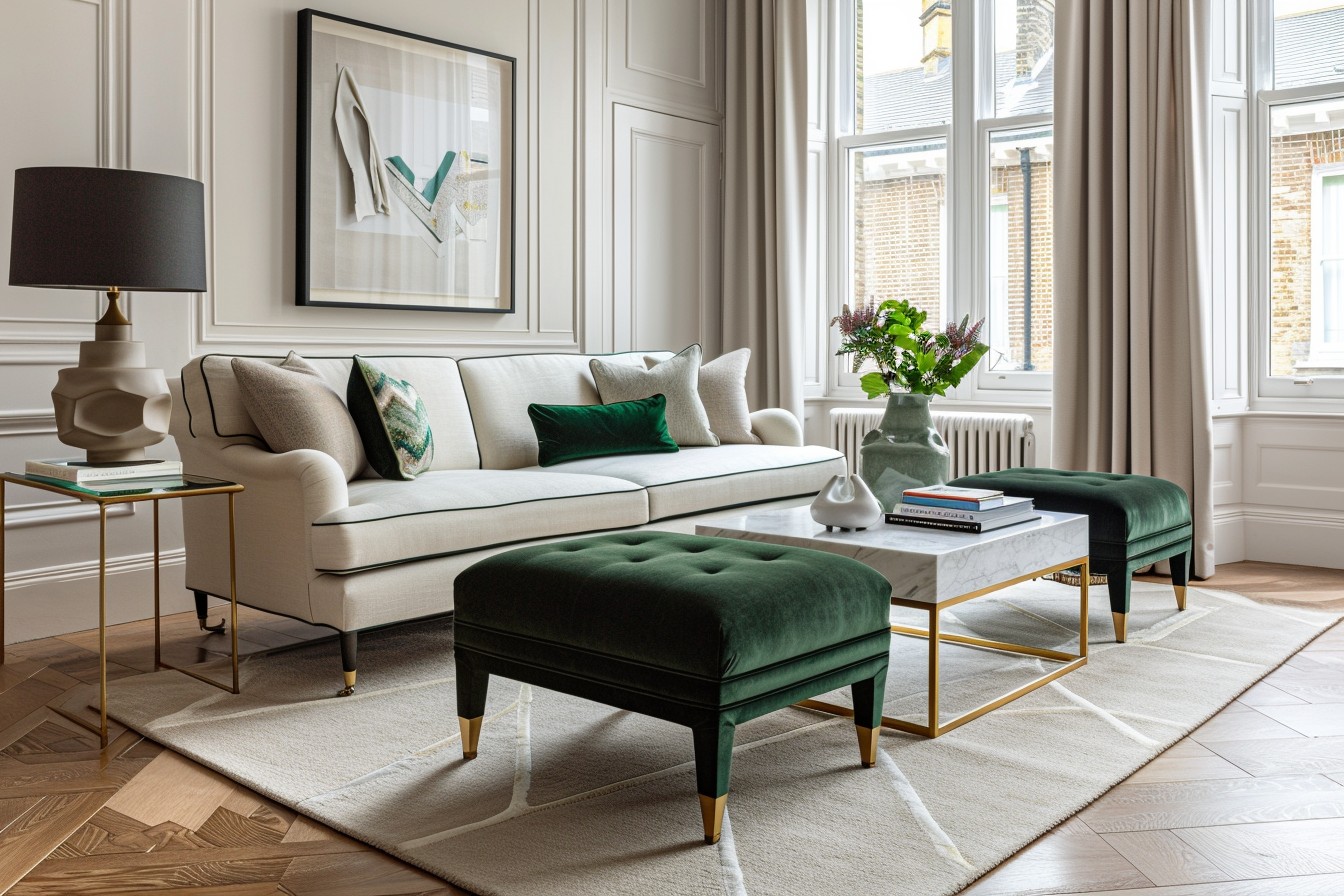 Two stylish upholstered ottomans positioned in a refined living room inside a high-end central London apartment