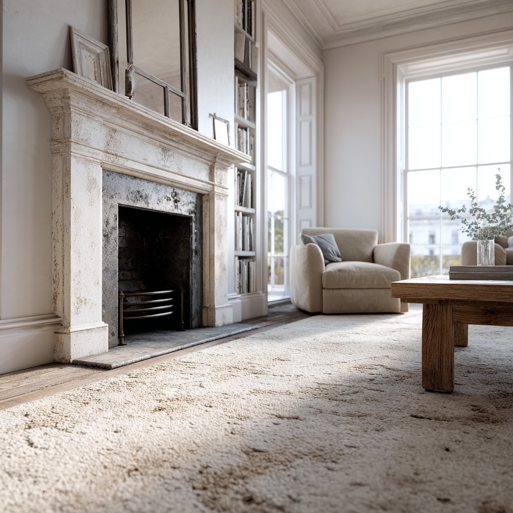London Victorian flat living room, cream carpet with realistic pile texture, grey soot staining in front of the fireplace