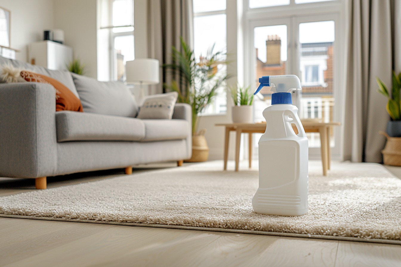 professional UK carpet cleaning detergent bottle, placed upright on a freshly cleaned, plush beige carpet in a modern London apartment living room