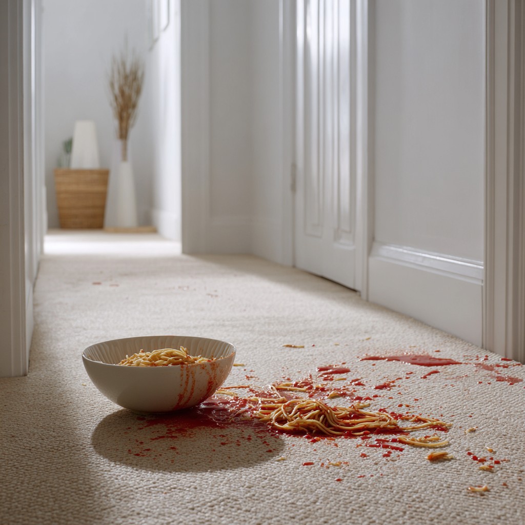 a freshly dropped ceramic bowl of spaghetti on a light beige hallway carpet in a modern London apartment, thick tomato sauce splattered across the fibres