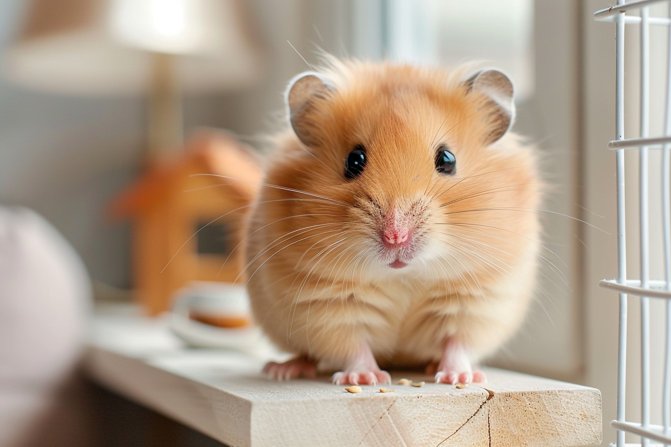 a small, cute golden Syrian hamster sitting upright